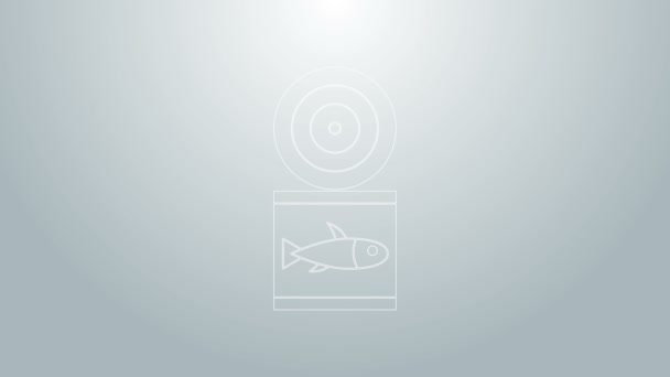 Mavi çizgi konserve balık simgesi gri arkaplanda izole edildi. 4K Video hareketli grafik canlandırması — Stok video