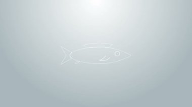 Mavi çizgi Balık simgesi gri arkaplanda izole edildi. 4K Video hareketli grafik canlandırması