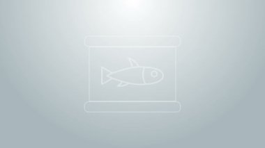 Mavi çizgi konserve balık simgesi gri arkaplanda izole edildi. 4K Video hareketli grafik canlandırması