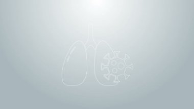Akciğer simgesindeki mavi çizgi virüs hücreleri gri arkaplanda izole edilmiş. Enfeksiyon kapmış ciğerler. Coronavirus, COVID-19. 2019-NCoV. 4K Video hareketli grafik canlandırması