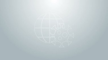 Gri zemin üzerinde virüs ikonu olan mavi çizgi Dünya küresi. Corona virüsü 2019-nCoV. Bakteri ve mikroplar, hücre kanseri, mikrop, mantar. 4K Video hareketli grafik canlandırması