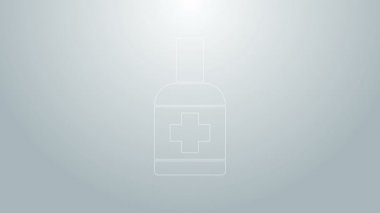 Mavi çizgi, gri arkaplanda izole edilmiş sıvı antibakteriyel sabun. Antiseptik. Dezenfeksiyon, hijyen, cilt bakımı. 4K Video hareketli grafik canlandırması