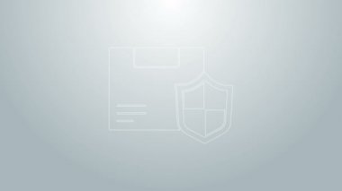 Mavi Hat Teslimat Güvenliği. Gri arka planda kalkan simgesi var. Teslimat sigortası. Kalkanın ötesinde sigorta kutuları var. 4K Video hareketli grafik canlandırması