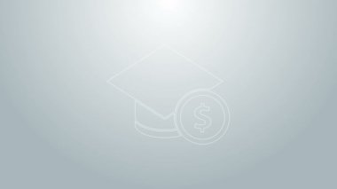 Mavi çizgi mezuniyet şapkası ve gri arka planda izole edilmiş madeni para simgesi. Eğitim ve para. Burs, kredi, harç ya da öğrenim ücreti kavramı. 4K Video hareketli grafik canlandırması