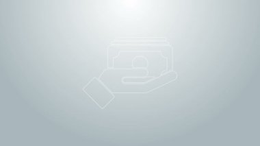 Mavi çizgi, kağıt para yığını. Gri arka planda izole edilmiş el ikonu. Sigorta konsepti. Para desteleri. Para birimi. 4K Video hareketli grafik canlandırması
