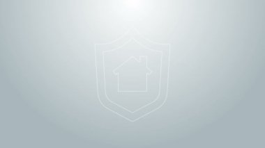 Gri arkaplanda ikon olan mavi çizgi evi. Sigorta konsepti. Güvenlik, güvenlik, koruma, konsept koruma. 4K Video hareketli grafik canlandırması
