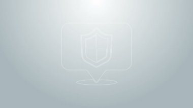 Mavi çizgi konum kalkanı simgesi gri arkaplanda izole edildi. Sigorta konsepti. Gardiyan. Güvenlik, güvenlik, koruma, gizlilik kavramı. 4K Video hareketli grafik canlandırması