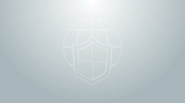Dünya küresi ikonuna sahip mavi çizgi kalkanı gri arka planda izole edildi. Sigorta konsepti. Güvenlik, güvenlik, koruma, gizlilik kavramı. 4K Video hareketli grafik canlandırması