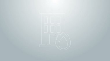 Yanan ev ikonundaki mavi çizgi yangını gri arka planda izole edildi. Sigorta konsepti. Güvenlik, güvenlik, koruma, konsept koruma. 4K Video hareketli grafik canlandırması