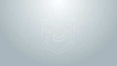 Mavi çizgi mezuniyet şapkası ve gri arka planda kalkan simgesi var. Sigorta konsepti. Güvenlik, güvenlik, koruma, konsept koruma. 4K Video hareketli grafik canlandırması