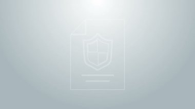 Gri arkaplanda kalkan simgesi olan mavi çizgi sözleşmesi. Sigorta konsepti. Güvenlik, güvenlik, koruma, konsept koruma. 4K Video hareketli grafik canlandırması