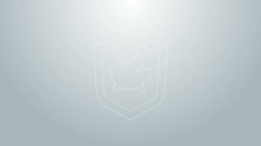 Mavi çizgi domuz kumbarası ve gri arka planda izole edilmiş kalkan simgesi. Para biriktirmek ya da biriktirmek, yatırım. Sigorta konsepti. 4K Video hareketli grafik canlandırması