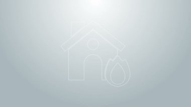 Yanan ev ikonundaki mavi çizgi yangını gri arka planda izole edildi. Sigorta konsepti. Güvenlik, güvenlik, koruma, konsept koruma. 4K Video hareketli grafik canlandırması
