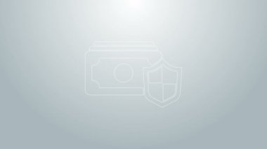 Mavi çizgi Para ve kalkan simgesi gri arkaplanda izole edildi. Sigorta konsepti. Güvenlik, güvenlik, koruma, konsept koruma. 4K Video hareketli grafik canlandırması