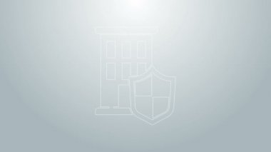 Gri arkaplanda ikon olan mavi çizgi evi. Sigorta konsepti. Güvenlik, güvenlik, koruma, konsept koruma. 4K Video hareketli grafik canlandırması