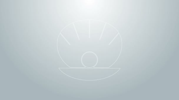 Blaue Linie Natürliche offene Schale mit Perlensymbol auf grauem Hintergrund. Jakobsmuschel Muschel. Muschelschild. 4K Video Motion Grafik Animation — Stockvideo