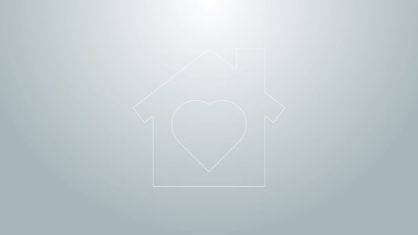 Blue line House with heart inside icon isolated on grey background. Love home symbol. Family, real estate and realty. 4K Video motion graphic animation — Stock Video