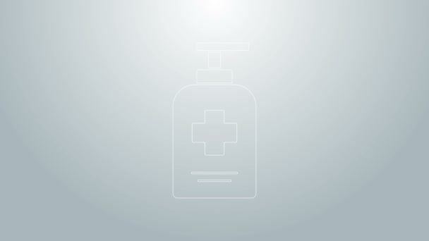 Linha azul Garrafa de sabão antibacteriano líquido com ícone de dispensador isolado em fundo cinza. Anti-séptico. Desinfecção, higiene, cuidados com a pele. Animação gráfica em movimento de vídeo 4K — Vídeo de Stock