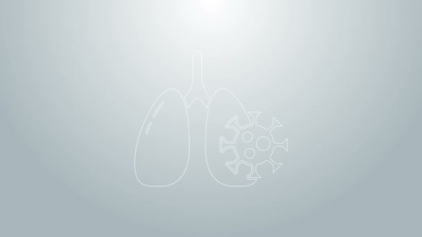 Células de vírus de linha azul no ícone do pulmão isolado em fundo cinza. Pulmões infectados. Coronavírus, COVID-19. 2019-nCoV. Animação gráfica em movimento de vídeo 4K — Vídeo de Stock
