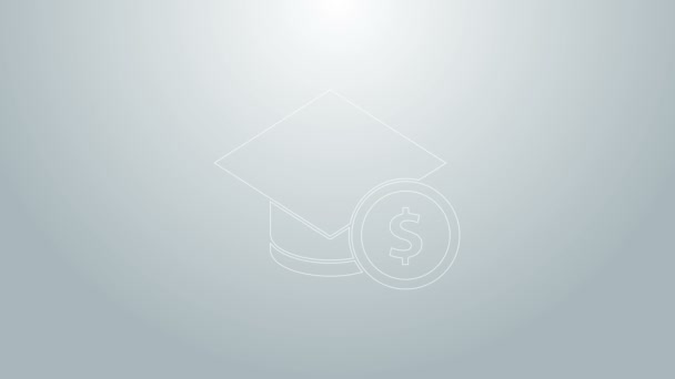 Синя лінія Випускний ковпачок і значок монети ізольовані на сірому фоні. Освіта та гроші. Концепція витрат на стипендію або кредит, плата за навчання або навчання. 4K Відео рух графічна анімація — стокове відео