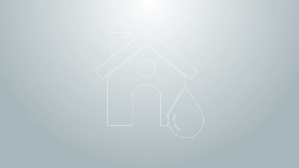 蓝线房屋的洪水图标孤立在灰色背景。家里被水淹没了保险概念。安保、安全、保护、保护概念。4K视频运动图形动画 — 图库视频影像