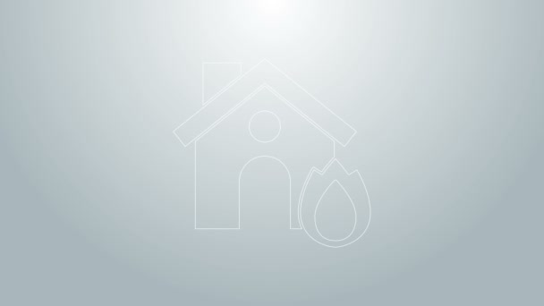 Blue line Fire in burning house icon isolated on grey background. Insurance concept. Security, safety, protection, protect concept. 4K Video motion graphic animation — Stock Video