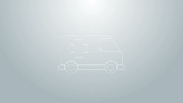 Línea azul Icono de ambulancia y coche de emergencia aislado sobre fondo gris. Evacuación médica de vehículos de ambulancia. Animación gráfica de vídeo 4K — Vídeos de Stock