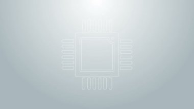 Gri arkaplanda mikro devre işlemci simgesi olan mavi çizgi Bilgisayar işlemcisi izole edildi. Devre kartlı çip ya da işlemci. Mikro işlemci. 4K Video hareketli grafik canlandırması