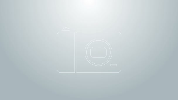 Modrá čára Ikona fotoaparátu izolované na šedém pozadí. Ikona fotoaparátu. Grafická animace pohybu videa 4K — Stock video