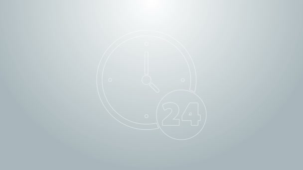 Línea azul Reloj 24 horas icono aislado sobre fondo gris. Todo el día icono cíclico. Símbolo de servicio 24 horas. Animación gráfica de vídeo 4K — Vídeos de Stock