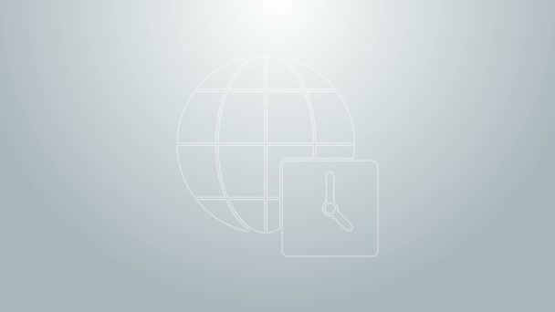 Modrá čára Světový čas ikona izolované na šedém pozadí. Hodiny a koule. Grafická animace pohybu videa 4K — Stock video