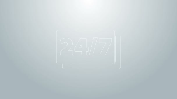 Modrá čára Hodiny 24 hodin ikona izolované na šedém pozadí. Celodenní cyklická ikona. 24 hodinový symbol služby. Grafická animace pohybu videa 4K — Stock video