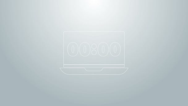 Línea azul Reloj en el icono de la pantalla del ordenador portátil aislado sobre fondo gris. Programar conceptos. Animación gráfica de vídeo 4K — Vídeo de stock