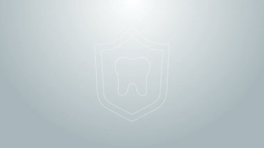 Mavi çizgi diş koruma ikonu gri arkaplanda izole edildi. Kalkan logosunda diş. 4K Video hareketli grafik canlandırması