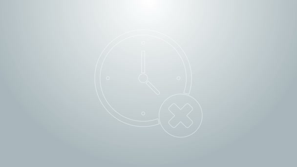 Blue line Clock delete icon isolated on grey background. Time symbol. 4K Video motion graphic animation — Stock Video