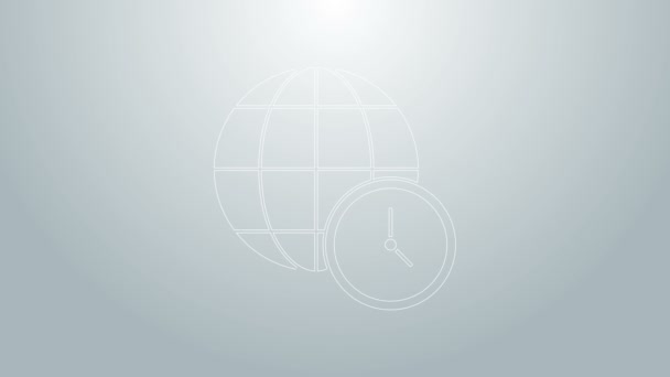 Ligne bleue icône du temps du monde isolé sur fond gris. Horloge et globe. Animation graphique de mouvement vidéo 4K — Video