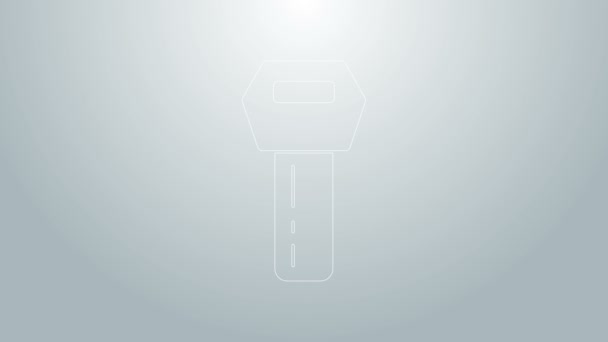 Blå linje Bil nyckel med fjärrkontroll ikon isolerad på grå bakgrund. Bilnyckel och larmsystem. 4K Video motion grafisk animation — Stockvideo