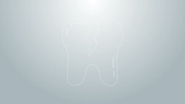 Niebieska linia Złamana ikona zęba odizolowana na szarym tle. Ikona problemów dentystycznych. Symbol opieki dentystycznej. 4K Animacja graficzna ruchu wideo — Wideo stockowe