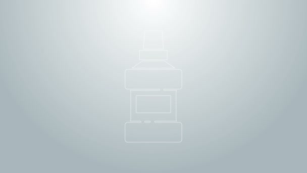 Blå linje Munvatten plastflaska och glas ikon isolerad på grå bakgrund. Vätska för sköljning av munnen. Oralvårdsutrustning. 4K Video motion grafisk animation — Stockvideo