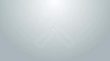 Mavi çizgi dişçi denetleme aynası ve gri arkaplanda izole edilmiş kaşifin ölçeklendirici simgesi. Diş muayenesi. 4K Video hareketli grafik canlandırması