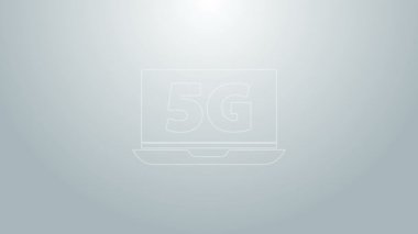 Gri arkaplanda 5G yeni kablosuz internet kablosuz internet ikonu bulunan mavi çizgi dizüstü bilgisayar. Küresel ağ yüksek hızlı bağlantı veri oranı teknolojisi. 4K Video hareketli grafik canlandırması