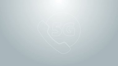 Gri arkaplanda 5G yeni kablosuz internet kablosuz internet ikonu bulunan mavi hat telefonu. Küresel ağ yüksek hızlı bağlantı veri oranı teknolojisi. 4K Video hareketli grafik canlandırması