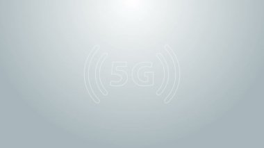 Mavi çizgi 5G yeni kablosuz internet kablosuz bağlantı simgesi gri arkaplanda izole edildi. Küresel ağ yüksek hızlı bağlantı veri oranı teknolojisi. 4K Video hareketli grafik canlandırması