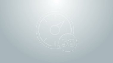 Gri arkaplanda 5G simgesi olan mavi çizgi dijital hız ölçer kavramı. Küresel ağ yüksek hızlı bağlantı veri oranı teknolojisi. 4K Video hareketli grafik canlandırması