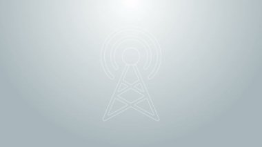 Mavi çizgi anten simgesi gri arkaplanda izole edildi. Radyo anteni kablosuz. Teknoloji ve ağ sinyali radyo anteni. 4K Video hareketli grafik canlandırması