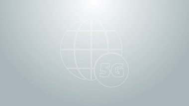 Mavi çizgi 5G yeni kablosuz internet kablosuz bağlantı simgesi gri arkaplanda izole edildi. Küresel ağ yüksek hızlı bağlantı veri oranı teknolojisi. 4K Video hareketli grafik canlandırması