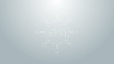 Mavi çizgi 5G yeni kablosuz internet kablosuz bağlantı simgesi gri arkaplanda izole edildi. Küresel ağ yüksek hızlı bağlantı veri oranı teknolojisi. 4K Video hareketli grafik canlandırması