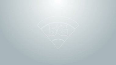 Mavi çizgi 5G yeni kablosuz internet kablosuz bağlantı simgesi gri arkaplanda izole edildi. Küresel ağ yüksek hızlı bağlantı veri oranı teknolojisi. 4K Video hareketli grafik canlandırması