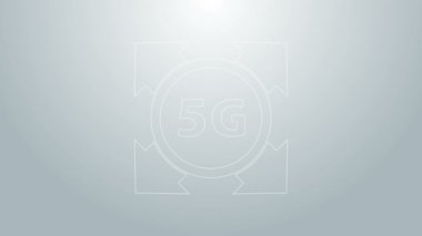 Mavi çizgi 5G yeni kablosuz internet kablosuz bağlantı simgesi gri arkaplanda izole edildi. Küresel ağ yüksek hızlı bağlantı veri oranı teknolojisi. 4K Video hareketli grafik canlandırması