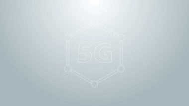 Mavi çizgi 5G yeni kablosuz internet kablosuz bağlantı simgesi gri arkaplanda izole edildi. Küresel ağ yüksek hızlı bağlantı veri oranı teknolojisi. 4K Video hareketli grafik canlandırması